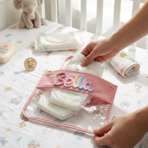 Personalized Diaper Pouch for Nursery, Pink Nappy Clutch with Clear Window, Custom Name Changing Table Organizer, Baby Girl Gift