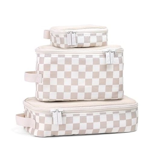 Itzy Ritzy Packing Cubes for Travel – Set of 3 Packing Cubes or Travel Organizers – Each Cube Features a Mesh Top, Double Zippers and a Fabric Handle (Checkerboard)