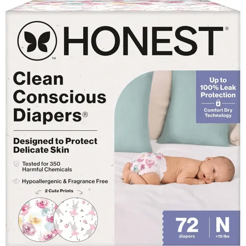 The Honest Company Clean Conscious Diapers for Delicate Skin | Up to 100% Leakproof | Hypoallergenic, Fragrance Free | Girl Prints | Club Box, Size Newborn, 72 Count (Prints May Vary)