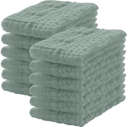12 Pack Muslin Burp Cloths 100% Cotton Muslin Cloths Large 20''x10'' Extra Soft and Absorbent Baby Burping Cloth - Green