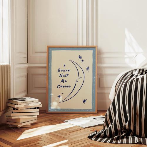 Bonne Nuit Ma Cherie Print, Moon Stars Blue Kids Bedroom Decor, Trendy Aesthetic Home Decor Cute Nursery Quote Affirmation, Physical Print