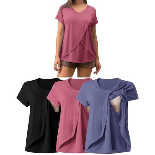 Rnxrbb V Neck Nursing Tops for Breastfeeding Tshirts Summer Postpartum Clothes Sets Short Sleeve 3 Pack Double Layer