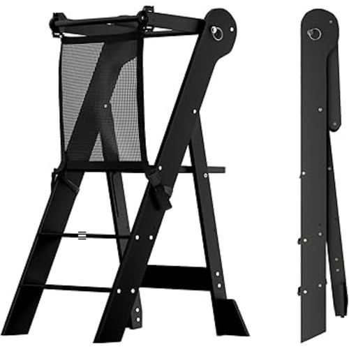 COSYLAND Foldable Toddler Kitchen Stool Helper - Height Adjustable Standing Tower for Bathroom Sink or Kitchen Counter - Step Stool for Toddlers Ages 18 Months to 6 Years Black