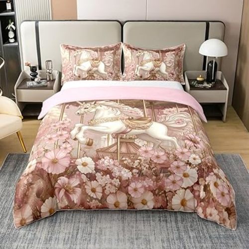 Unicorn Carousel Cotton Queen Size Bedding Set,Amusement Park Horse Romantic Daisy Flowers Duvet Cover(No Comforter) for Bedroom,Princess Fairy Tale Vintage Floral Quilt Cover,3Pcs