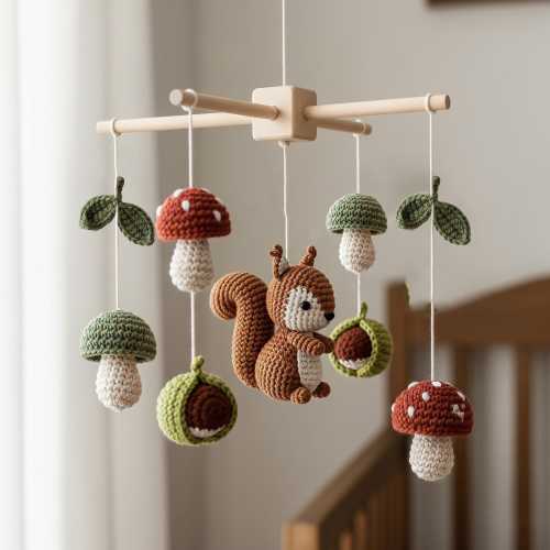 Personalized Crochet Baby Mobile, Woodland Baby Mobile, Squirrel Autumn Nursery Decor, Crib Mobile, Baby Shower Gift, Newborn Gift