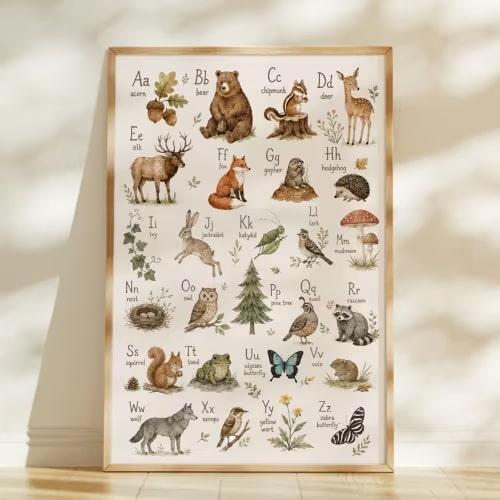 Woodland Nursery Print, Educational Alphabet