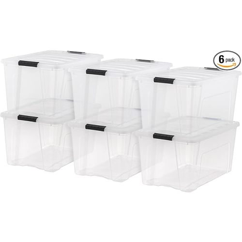 IRIS USA 72 Qt Stackable Plastic Storage Bins with Lids, 6 Pack - BPA-Free, Made in USA - See-Through Organizing Solution, Latches, Durable Nestable Containers, Secure Pull Handle - Clear