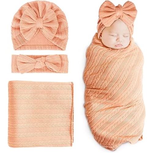 DRESHOW BQUBO Newborn Receiving Blanket Toddler Warm for Girls with Bow Hat and Bow Headband Shower Gift