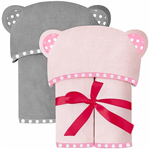 Set of 2 Hooded Baby Towels – Pink and Grey – Luxurious, Large and Super Absorbent – 30 x 30 Inch – Soft and Suitable for Infants, Toddlers and Kids – 400 GSM
