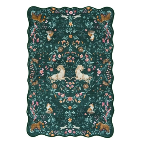 Elysia Washable Maximalist Unicorn Garden Dark Green Rug