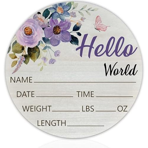 Hello World Purple Rose Baby Name Sign Birth Announcement Plaque with Name Date Weight 6" Round Birch Wood Nursery Decor Newborn Hospital Keepsake Gift for Parents