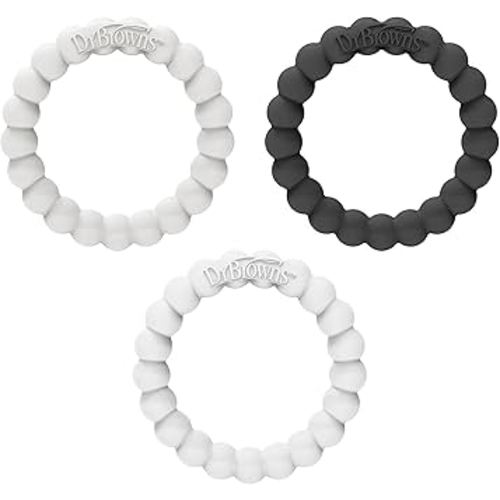 Dr. Brown's Flexees Beaded Teether Rings, 100% Silicone, Soft & Easy to Hold, Encourages Self-Soothe, 3 Pack, Black, White, Gray, BPA Free, 3m+