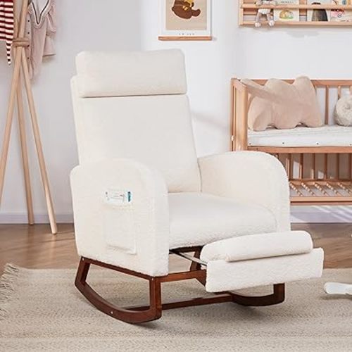 Nursery Rocking Chairs with Foot Rest, Rocking Chair Nursery Chair with High Back, Glider Rocking Chair, Baby Nursery Glider Rocker, Nursing Chair Accent Living Room (Teddy White)