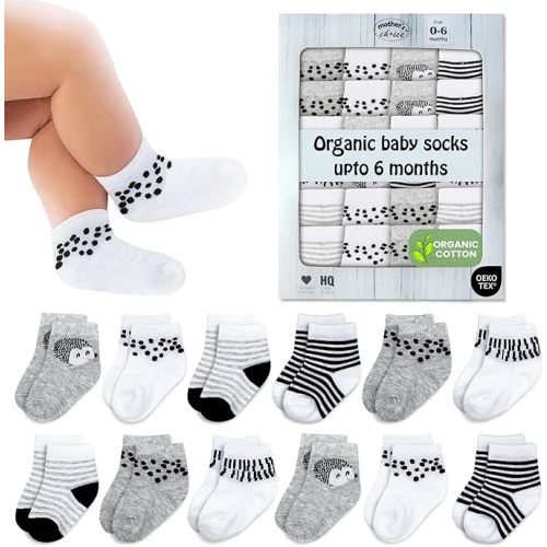 Mother's Choice Organic Cotton Baby Socks 0–6 Months, 12 Pairs Newborn & Infant Socks Soft Hypoallergenic Breathable Gentle On Delicate Skin Stretch Fit Comfortable Daily Essentials For Little Ones