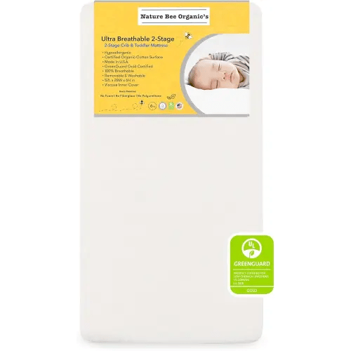 Nature Bee Organic's 2-Stage Ultra Breathable Premium Crib & Toddler Mattress I 100 Hypoallergenic I GreenGuard Gold Certified I 6" Thick Plush Support I 100% Breathable