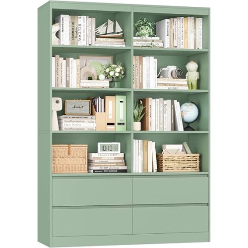 FINETONES 71" Bookshelf with Drawers, 47.3" Double Wide Bookshelves and Bookcases with Storage, Tall Bookshelf Large Open Book Shelf Standing Book Case for Home Office, Green