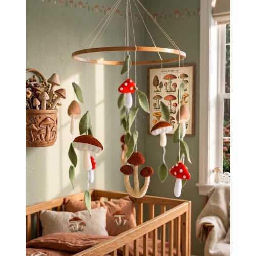 Mushroom Baby Mobile, Woodland Nursery Decor, Cottagecore Baby Crib Mobile, Forest Themed Nursery, Gender Neutral Baby Gift, Felt Hanging