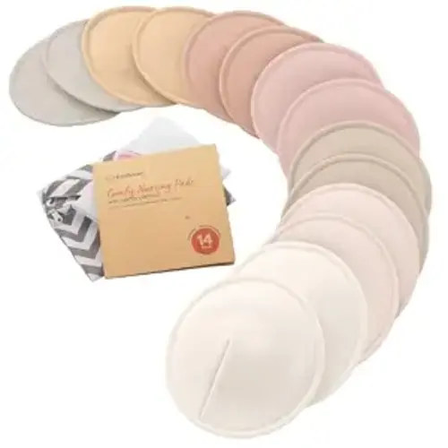 Organic Nursing Pads, 14 Washable Breast Pads,Wash Bag (Neutrals, L 5") | Viscose Derived from Bamboo, Breast Pads for Breastfeeding, Reusable Nipple Covers, Breastfeeding Essentials, Soft, Absorbent