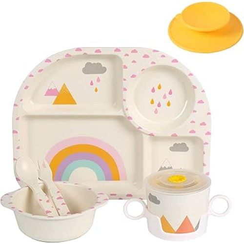 shopwithgreen 7Pcs/Set Bamboo Kids Dinnerware Set - Children Dishes - Food Plate Bowl Cup Spoon Fork Set Dishware, Cartoon Tableware, Dishwasher Safe Kids Healthy Mealtime, BPA Free