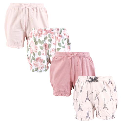Hudson Baby Infant Girls Shorts Bottoms 4-Pack, Bonjour Paris, 0-3 Months