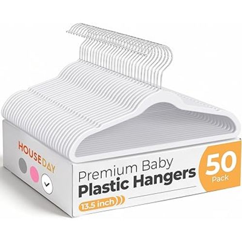 HOUSE DAY 13.5 Inch Kids Hangers 50 Pack - Premium ABS Plastic Clothes Hangers for Kids, Children, Preteens - Space Saving Thin Profile, Strong & Durable Hangers with 360° Swivel Hook - White