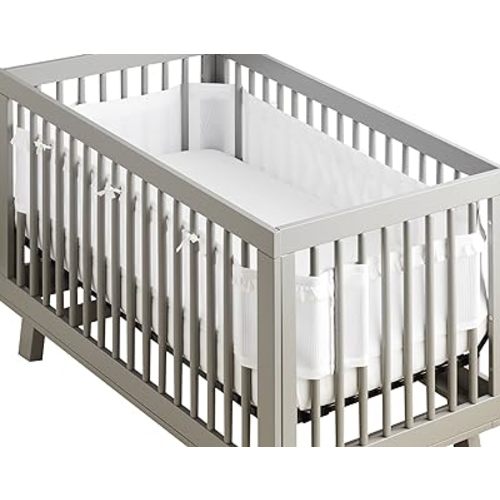 BreathableBaby Breathable Mesh Liner for Full-Size Cribs, Deluxe 4mm Mesh, White Ruffle (Size 4FS Covers 3 or 4 Sides)