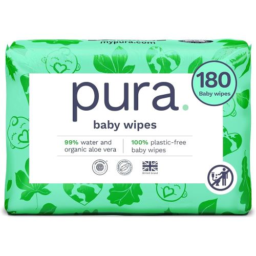 Pura Natural Sensitive Baby Wipes, 99% Water, Unscented & Hypoallergenic, Suitable for Sensitive & Eczema-prone Skin, Fragrance Free & Hypoallergenic, EWG Verified, 3 x 60 per pack (180 Wipes)