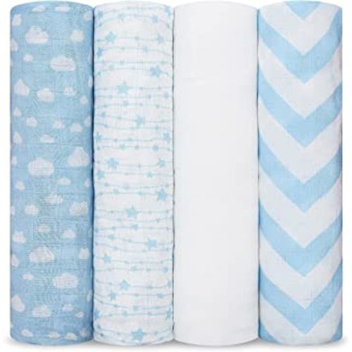 Comfy Cubs Muslin Swaddle Blankets Neutral Receiving Blanket Swaddling, Wrap for Boys and Girls, Baby Essentials, Registry & Gift (Blue)