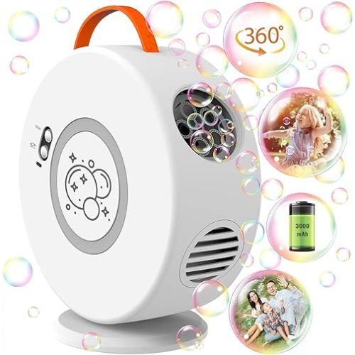 Bubble Machine Automatic Bubble Blower for Kids Toddlers Rechargeable Battery Portable Bubble Maker Electric Bubble Machine Auto Rotating 90°/360° Outdoor Toy (White)