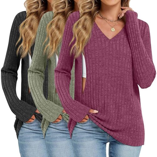 3 Pack Women's Maternity Nursing Tops, V Neck Breastfeeding Sweaters Long Sleeve Hidden Zipper Shirts