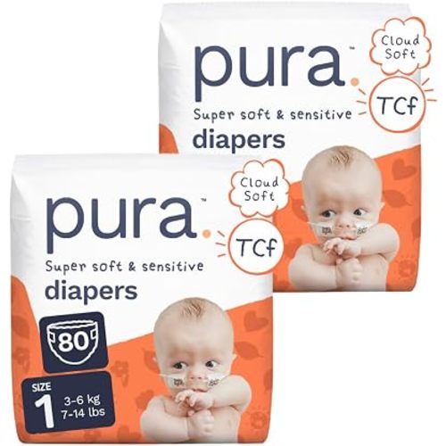 Pura Baby Diapers Size 1 (7-14 lbs) 80 Count Sensitive Skin