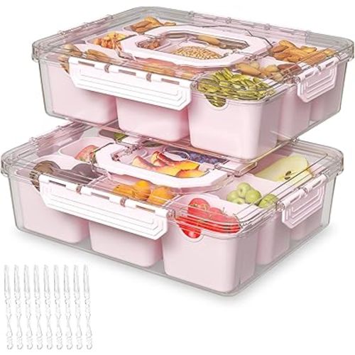 REBECAT Divided Serving Tray with Lid and Handles 9 Compartments Snack Box Container Charcuterie Organizer Snackle Box Container for Candy,Nuts，Fruits,Snacks,2 Pack,Pink