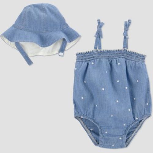 Carter's Just One You® Baby Girls' 2pc Floral Chambray Bubble Romper and Hat Set - Blue 3M