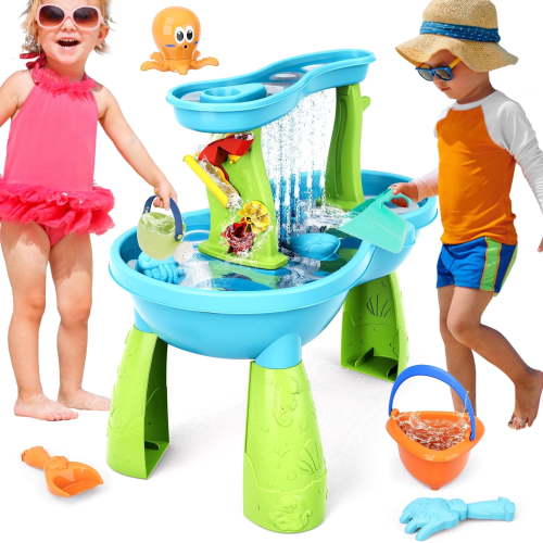 Yexmas 2-Tier Sand Water Table, Sensory Play Activity, Outdoor Splash Toy for Toddlers, Kids