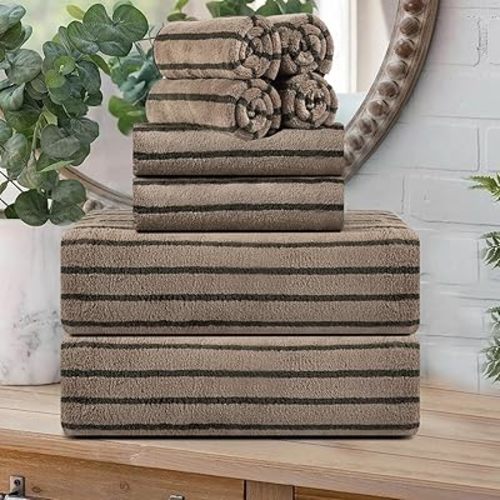 8 Pcs Brown Cabana Stripe Polyester Large Bath Towel Set-2 Bathroom Towels,2 Hand Towels,4 Washcloths Lightweight 600GMS Bath Sheet Absorbent Shower Towel Quick Dry Beach Chair Spa Gym Hotel Towels