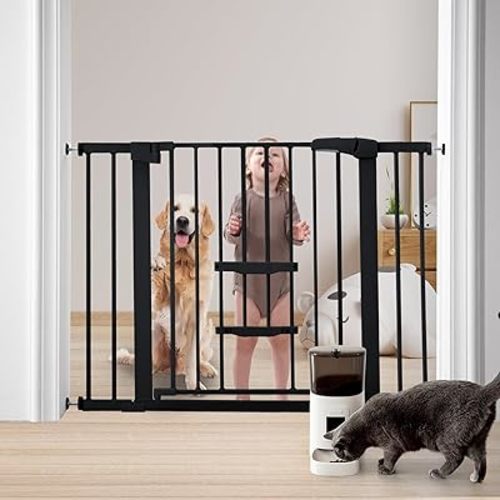 FURTIME 29"-41" Baby Gate with Cat Door Adjustable, Auto Close Dog Gate for Stairs,Doorways and House, Metal Pet Door Pressure Mounted,Easy Install, Effortless Walk Thru, Black