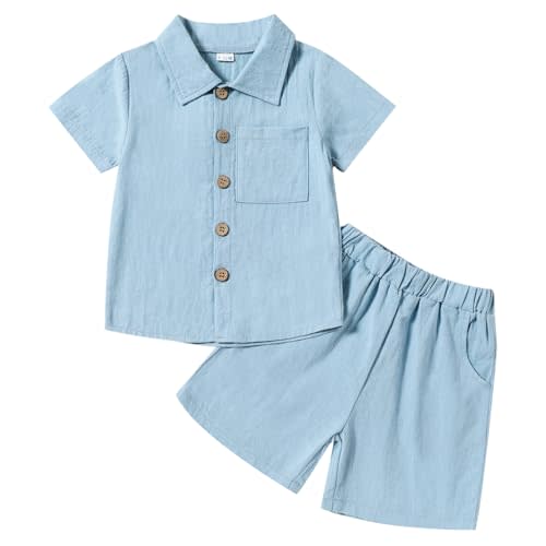 Neutocd Toddler Baby Boy Summer Clothes Cotton Linen Short Sleeve Solid Button Down Shirt Shorts Set Outfits with Pockets