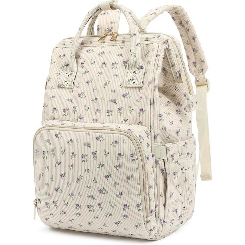 Corduroy Diaper Bag Backpack for Baby Girls Boys, Women Large Nappy Bags for Mom (Beige Corduroy Floral Purple)