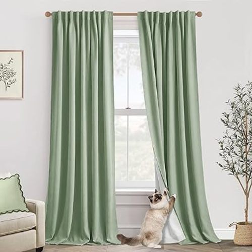 PANELSBURG Sage Green Cat Proof Linen Blackout Curtains 84 Inch Long, Spring French Country & Boho Farmhouse Style Pleated Drapes for Bedroom Living Room, Cottagecore Cottage Core Decor, Light Green