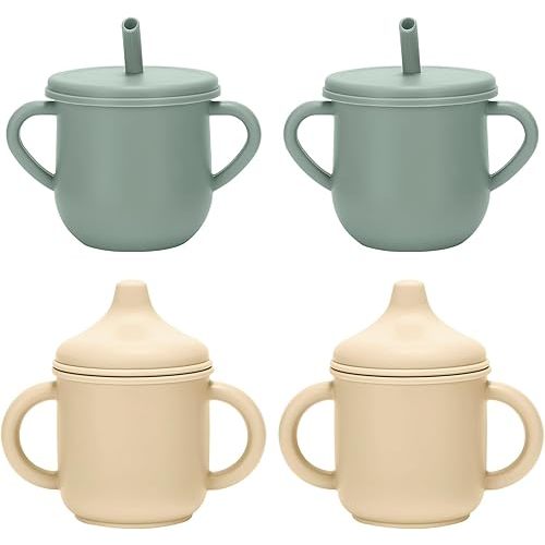 Silicone Toddler Cups Set, 2 Straw Cups and 2 Sippy Cups for 6+ Months Baby, Leakproof Spillproof Training Cups with Handles, Easy Clean (Green+Beige)
