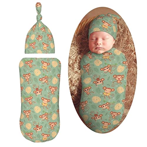 Muishi Wild Cute Animals Monkey On Tree Newborn Swaddle Blankets Hat Sets Soft Baby Receiving Blanket Swaddle Sack for Baby Shower Infant Boy Girl Gift