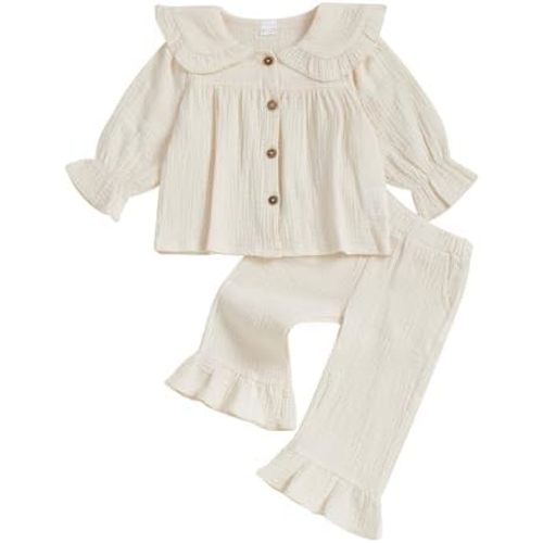 MAINESAKA Toddler Baby Girl Pajamas Cotton Linen Lounge Set Solid Color Button Down Shirt Flare Pajama Pants Sleepwear Outfit