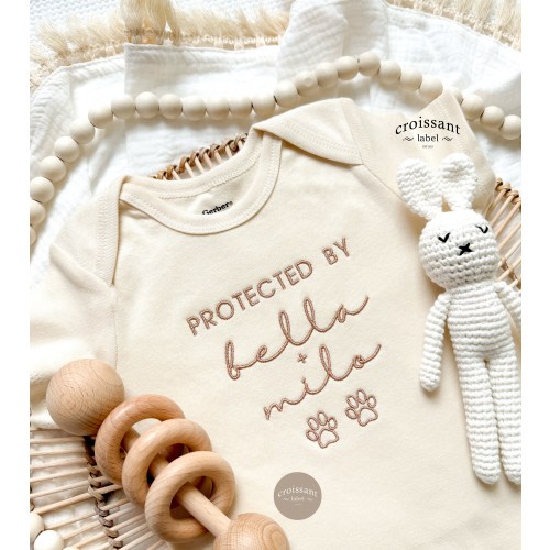 Protected By Dog Name EMBROIDERED Personalized Announcement Baby Onesies®, Custom baby shower gift, custom pet name Custom Dog Onesies®