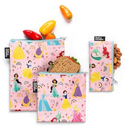 Simple Modern Disney Reusable Snack Bags for Kids | Food Safe, BPA Free, Phthalate Free, Polyester Zip Pouches | Washable & Refillable Sandwich Bag | Ellie Collection | 3 pack | Princess Rainbow