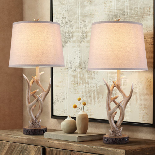 26" Rustic Farmhouse Resin Antler Table Lamp with USB Ports | Wayfair