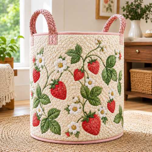 Strawberry Floral Quilted Laundry Basket, Cottagecore Storage Bin, Fabric Clothes Basket, Nursery Bedroom Organizer