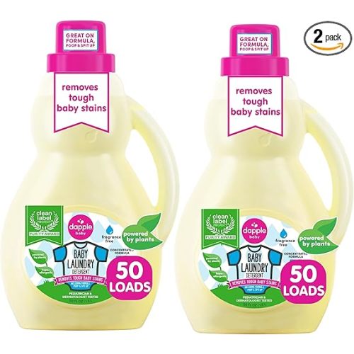 Dapple Baby Laundry Detergent, Plant Powered, Hypoallergenic, Fragrance Free, Concentrated, 50 fl oz (Pack of 2)