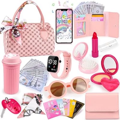Oisacirg Play Purse with Watch, Phone, Pretend Play Toys for Girls Ages 3-8