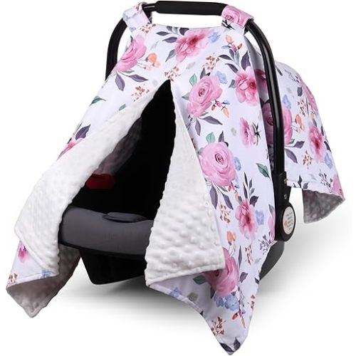 Rquite Car Seat Cover Baby, Carseat Covers Baby Girl, Winter Infant Car Seat Cover, Warm Minky Car Seat Canopy, Baby Carrier Cover with Peekaboo Opening, Multi Use Nursing Cover & Toddler Blanket