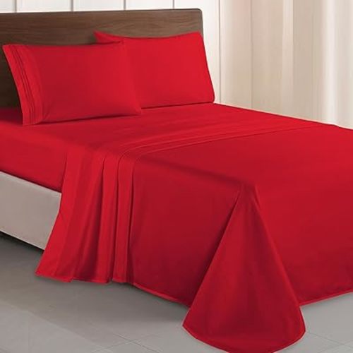 Elegant Comfort Luxurious 1500 Premium Hotel Quality Microfiber Three Line Embroidered Softest 4-Piece Bed Sheet Set, Wrinkle and Fade Resistant, Queen, Red